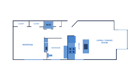 Floor plan for 1 bed, 1 bath, 674 sqft